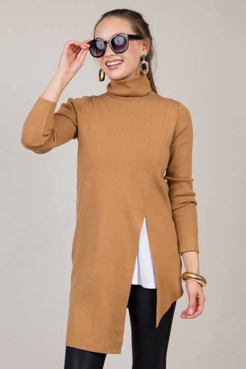 Asymmetric Hem Slit Sweater, Camel - 1009-70.jpg