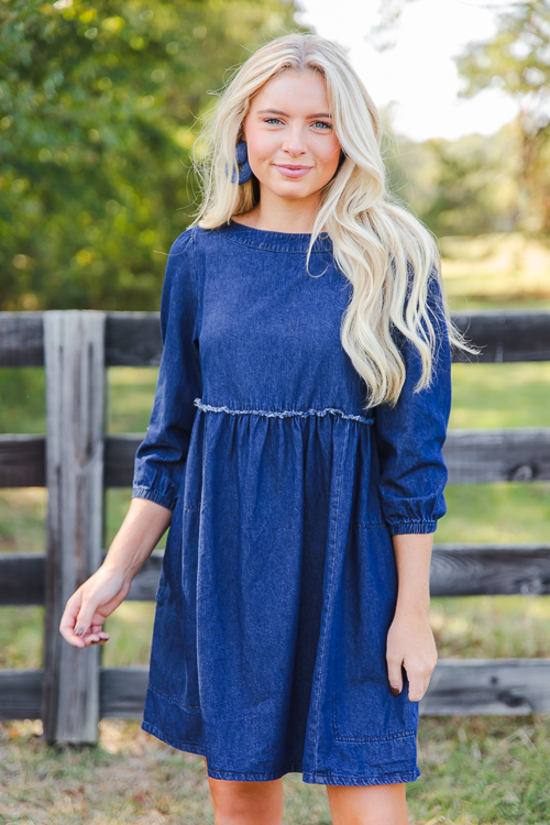 Fray Babydoll Denim Dress Dark SALE The Blue Door Boutique