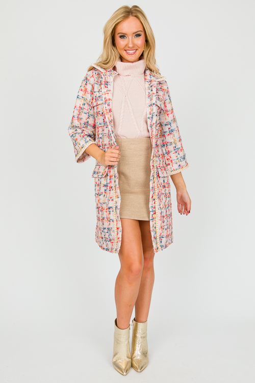 Tweed Belted Shirt Dress, Teal Blush