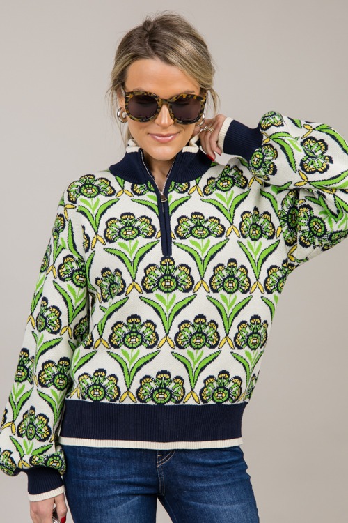 Floral Half Zip Sweater, Green - 1022-64p.jpg