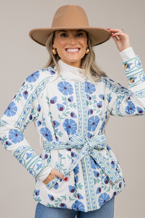 Belted Floral Button Jacket, Blue - 1024-57p.jpg