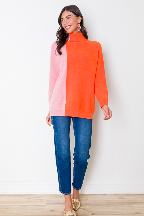 Color Block Turtleneck Tunic Sweater