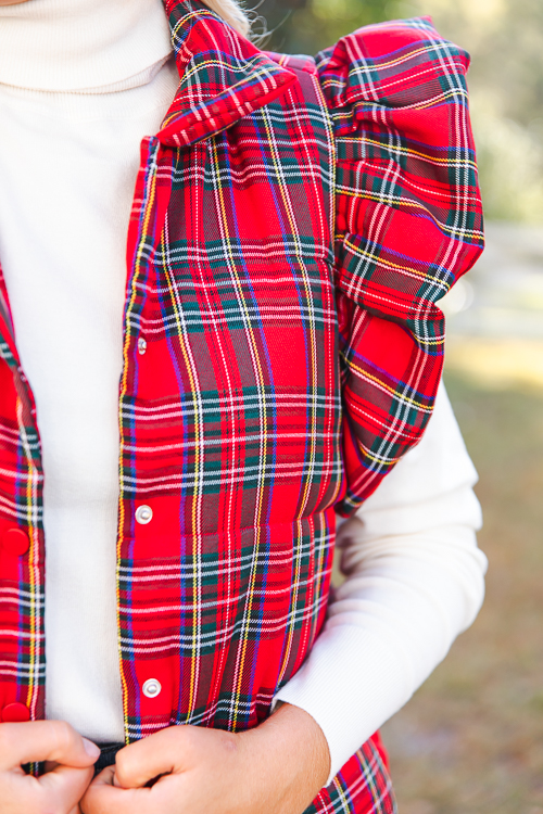 Ruffle Tartan Puffer Vest, Red - New Arrivals - The Blue Door Boutique