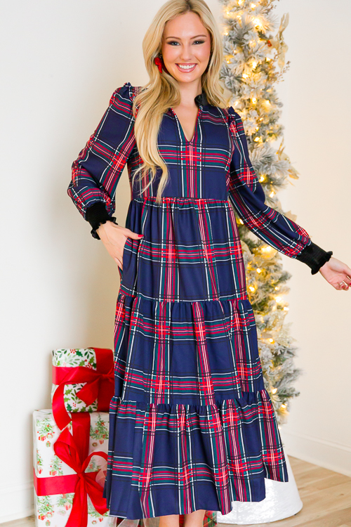 Tartan Velvet Trim Maxi, Navy Red