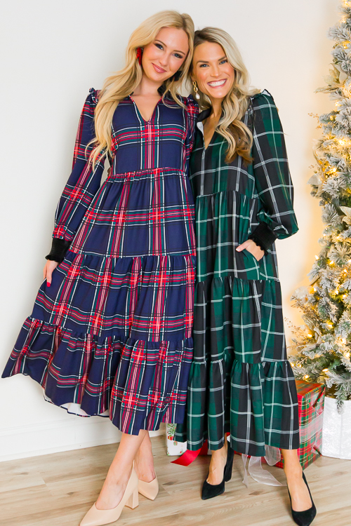 Tartan Velvet Trim Maxi, Navy Red