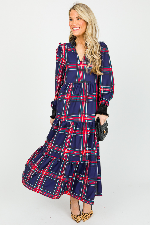 Tartan Velvet Trim Maxi, Navy Red