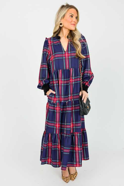 Tartan Velvet Trim Maxi, Navy Red