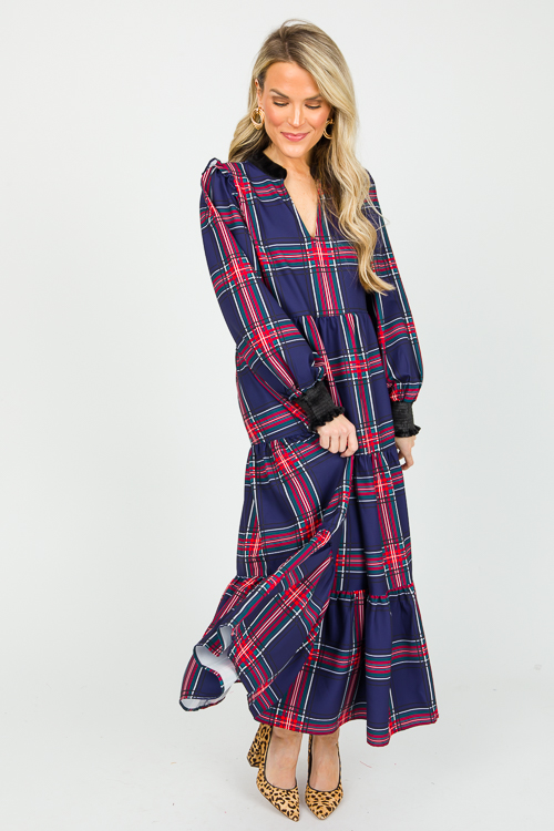 Tartan Velvet Trim Maxi, Navy Red