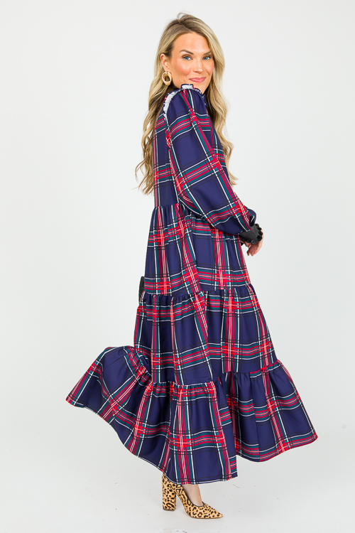 Tartan Velvet Trim Maxi, Navy Red