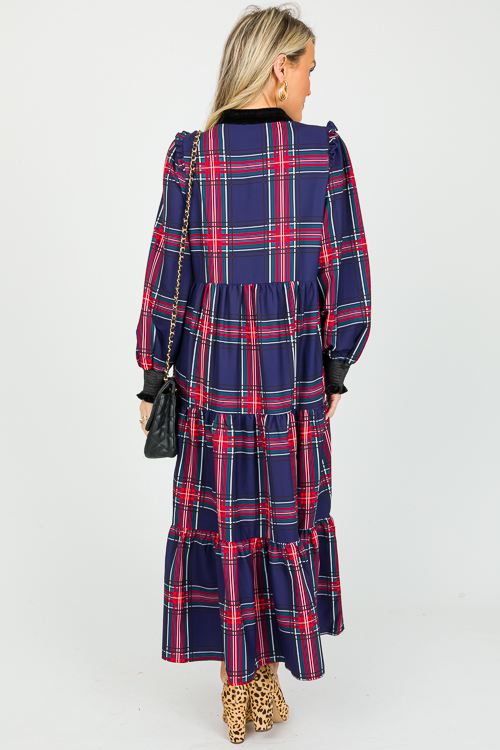 Tartan Velvet Trim Maxi, Navy Red