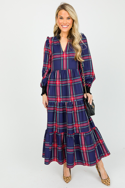 Tartan Velvet Trim Maxi, Navy Red