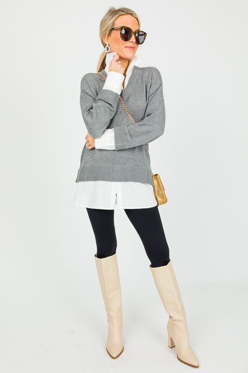 Layered Stripe Shirt Sweater, Grey - New Arrivals - The Blue Door Boutique