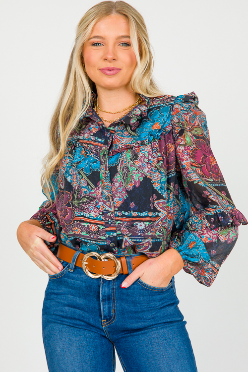 Ruffle Trim Floral Top, Navy Multi