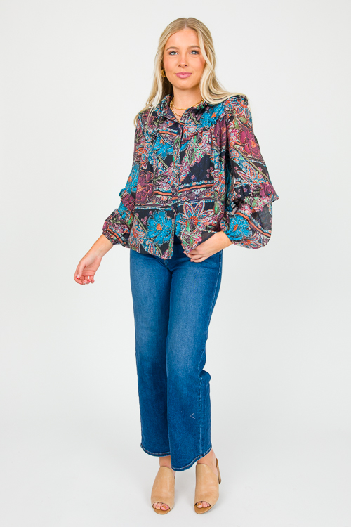 Ruffle Trim Floral Top, Navy Multi