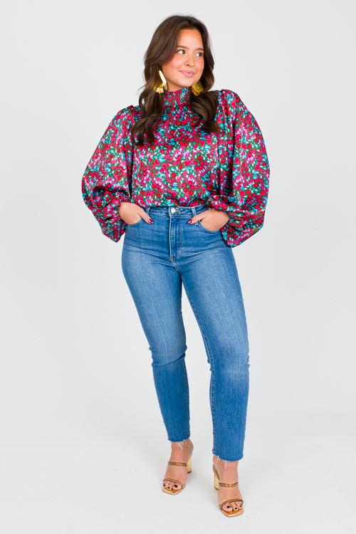 Floral Balloon Sleeve Satin Blouse New Arrivals The Blue Door Boutique