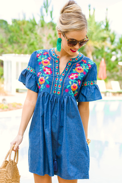 Lucky Brand Denim Dress Size Large Floral Embroidered Raw Hem Short Sleeve  Boho Blue - $27 - From Stephanie