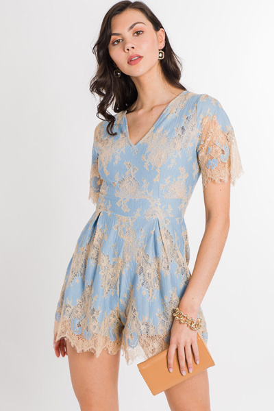 Nude Lace Romper, Blue - SALE - The Blue Door Boutique