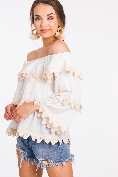 Scallop Off Shoulder Top, Nude - Sale - The Blue Door Boutique