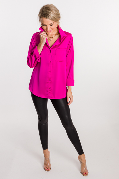 Satin Button Down, Hot Pink - 3/4 & Long Sleeve - Tops - The Blue Door  Boutique