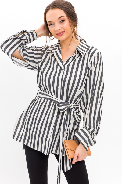 Belted Stripe Tunic, Black - Sale - The Blue Door Boutique